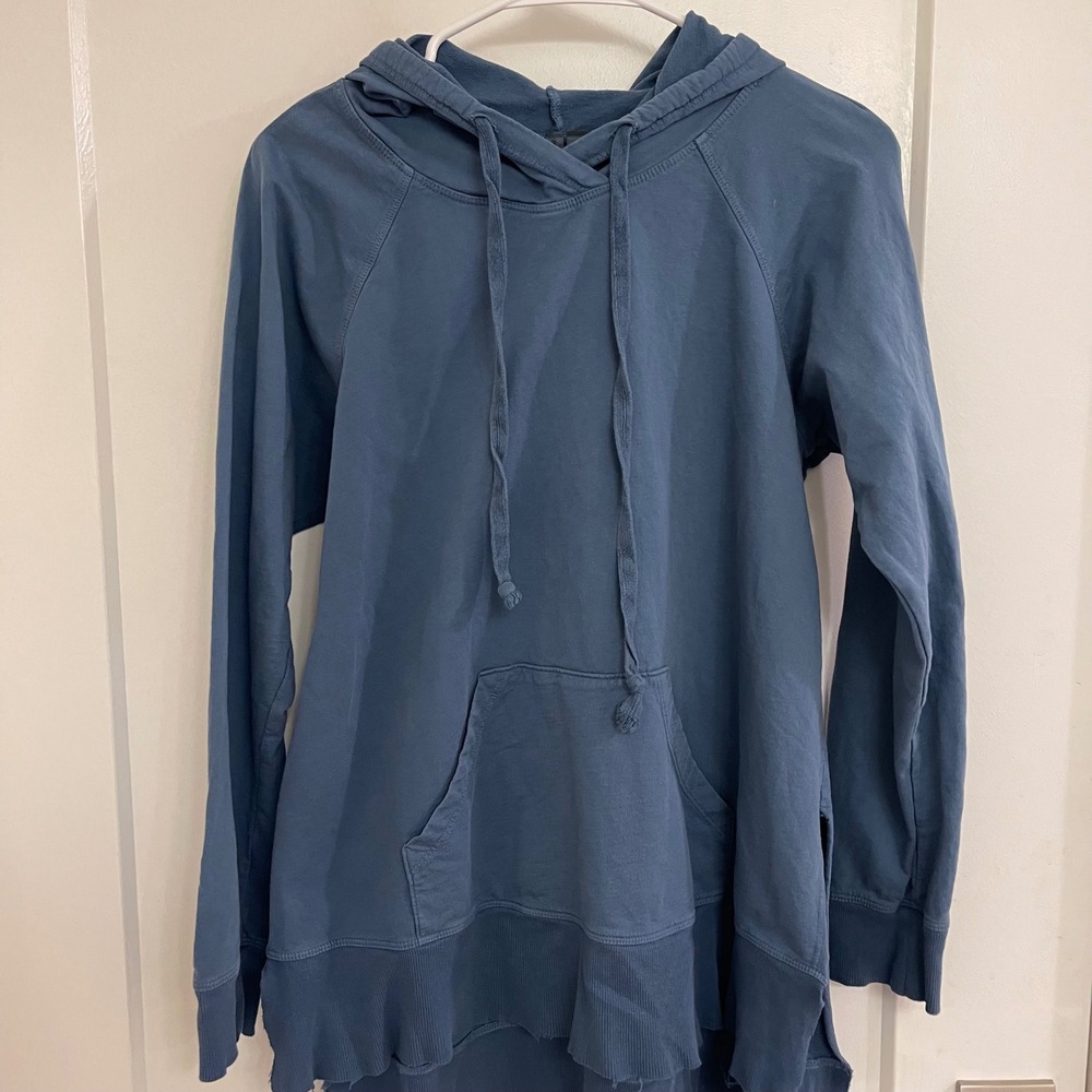 Left of Center Distressed Long Hoodie Blue Quality Loungewear Sporty Streetwear